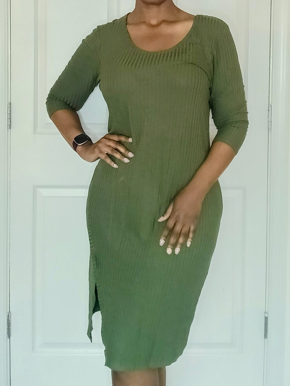 love ari Ribbed Midi Dress Women 2X Olive Good Side Slit Bodycon 3/4 Sleeve